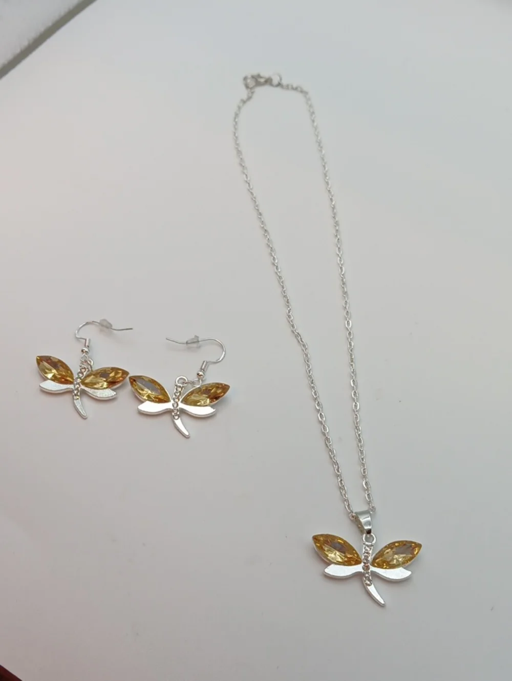 Gold Tone Crystal Dragonfly Pendant Necklace and Earrings Set